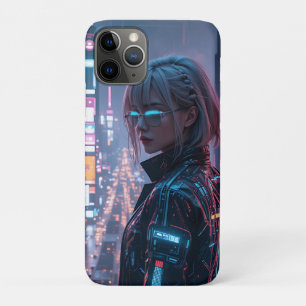 Cyberpunk Cityscape Poster Futuristic Female Hacke iPhone 11 Proケース