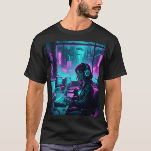Cyberpunk Coder Girl – Retro Future Hacker Art Tシャツ (正面)