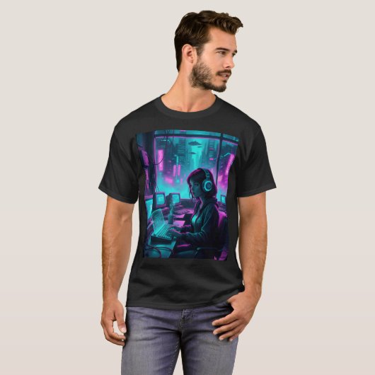 Cyberpunk Coder Girl – Retro Future Hacker Art Tシャツ (正面フル)