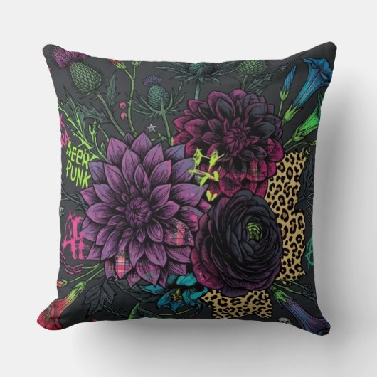 Cyberpunk Dark Floral Throw Pillow - Edgy  クッション (正面)