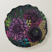 Cyberpunk Dark Floral Throw Pillow - Edgy Punk Roc ラウンドクッション (裏面)