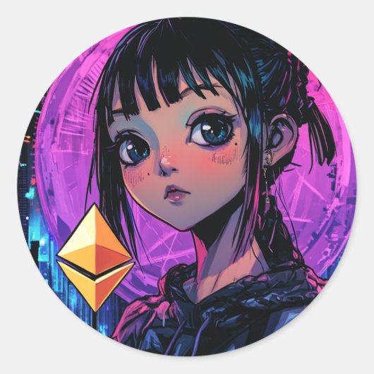 Cyberpunk Ethereum Waifuアニメ暗号シール ラウンドシール (正面)