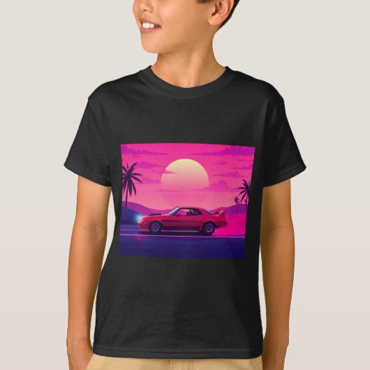 Cyberpunk Gamer Sunset Car Boy's T-Shirt Tシャツ (正面)