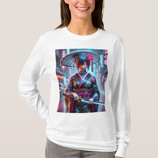 💠 Cyberpunk Geisha Assassin – ネオンシャドーTシャツ Tシャツ (正面)