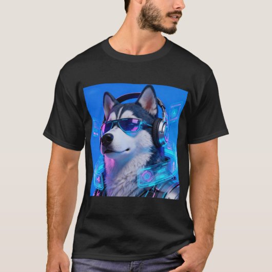 Cyberpunk Husky Neon Tech Avatar Cool Handsome Dog Tシャツ (正面)