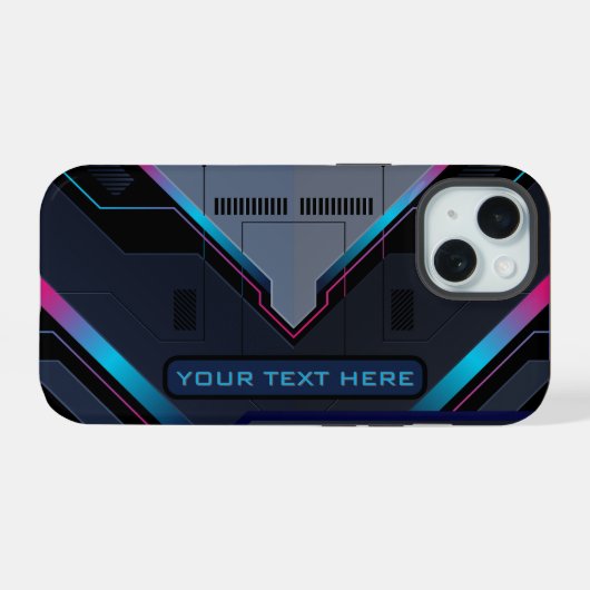 Cyberpunk Mecha Armor Neon Blue Purple Custom Name iPhone 15ケース (裏面横)