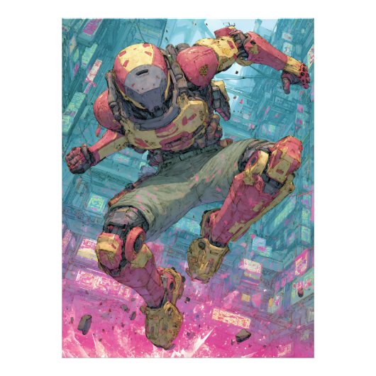 Cyberpunk Mecha Pilot Leap Neon City Action Art フォトプリント (正面)