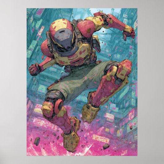 Cyberpunk Mecha Pilot Leap Neon City Action Art ポスター (正面)