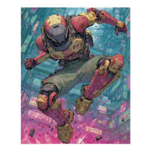 Cyberpunk Mecha Pilot Leap Neon City Action Art ポスター (正面)