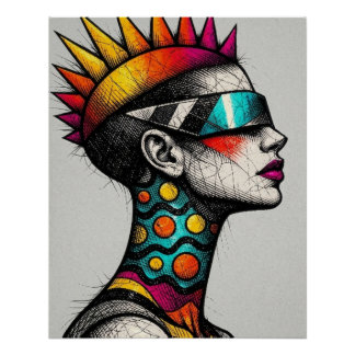Cyberpunk Mohawk Woman Portrait ポスター