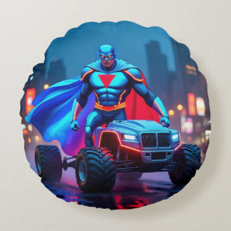 Cyberpunk Monster Truck Neon Hero Throw Pillow ラウンドクッション