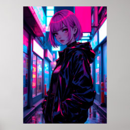 Cyberpunk Neon Anime Alley Girl ポスター