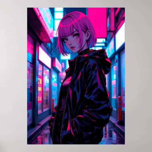 Cyberpunk Neon Anime Alley Girl ポスター (正面)