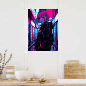 Cyberpunk Neon Anime Alley Girl ポスター (キッチン)