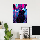 Cyberpunk Neon Anime Alley Girl ポスター (ホームオフィス)