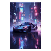 Cyberpunk Neon City at NightのChrome Sports Car ポスター (正面)