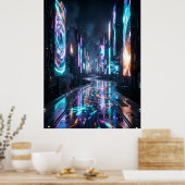 Cyberpunk Neon City Future Road ポスター (キッチン)