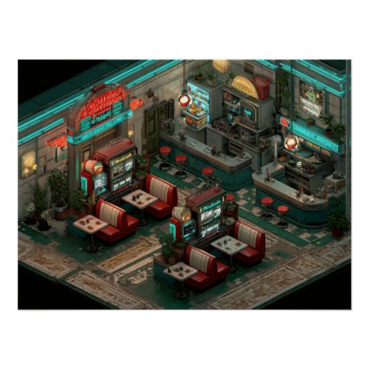 Cyberpunk Neon Diner Isometric Art ポスター (正面)
