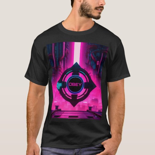 Cyberpunk Neon Obey Dystopian Sci-Fi City Tシャツ (正面)