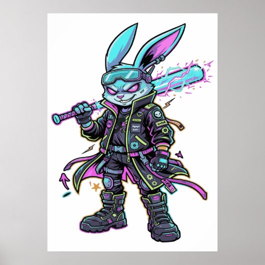 Cyberpunk Neon Rabbit Warrior – Futuristic Bunny ポスター (正面)