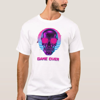 Cyberpunk Neon Skull Game Over T-Shirt in Pink and Tシャツ