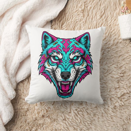 Cyberpunk Neon Wolf - Synthwave Robotic Animal クッション (ブランケット)