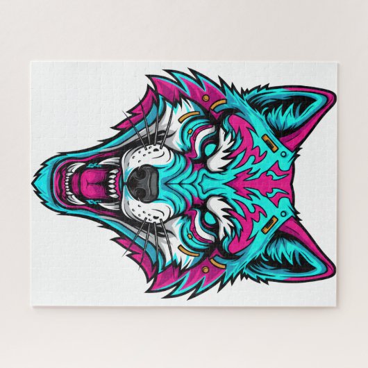 Cyberpunk Neon Wolf - Synthwave Robotic Animal ジグソーパズル (横)