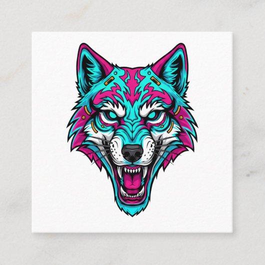 Cyberpunk Neon Wolf - Synthwave Robotic Animal スクエア名刺 (正面)
