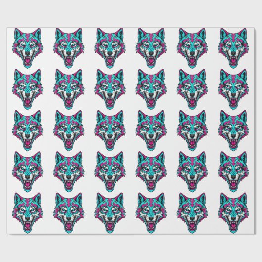 Cyberpunk Neon Wolf - Synthwave Robotic Animal ラッピングペーパー (フラット)