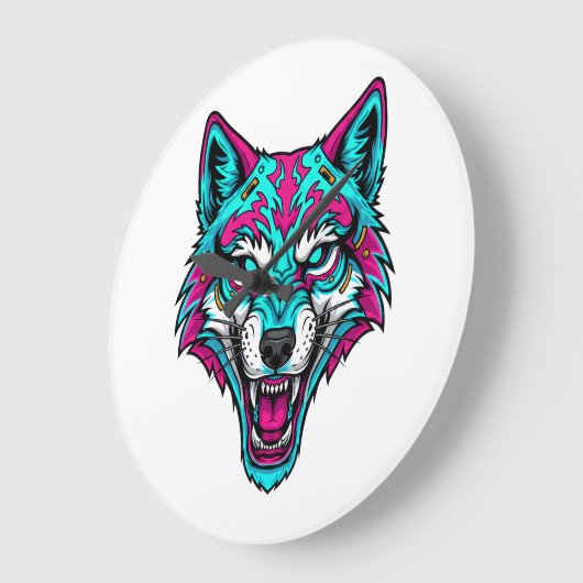 Cyberpunk Neon Wolf - Synthwave Robotic Animal ラージ壁時計 (傾斜)