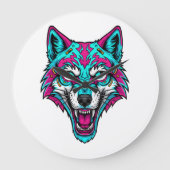 Cyberpunk Neon Wolf - Synthwave Robotic Animal ラージ壁時計 (正面)
