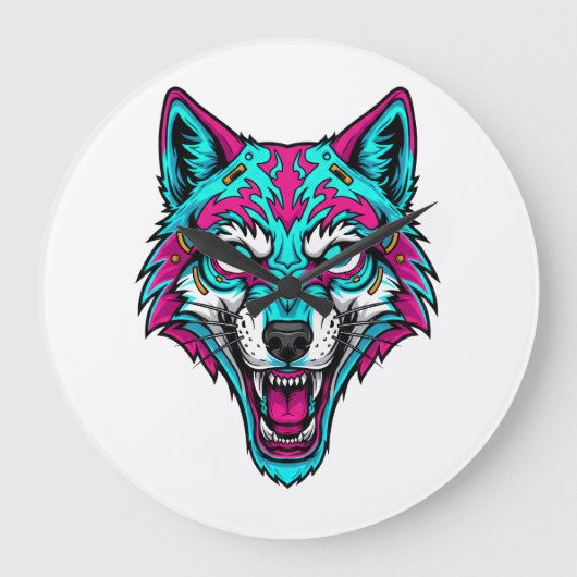 Cyberpunk Neon Wolf - Synthwave Robotic Animal ラージ壁時計 (正面)