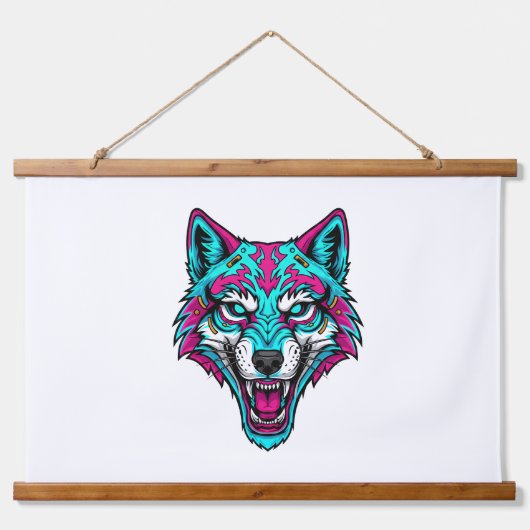 Cyberpunk Neon Wolf - Synthwave Robotic Animal 吊り下げ型タペストリー (正面)