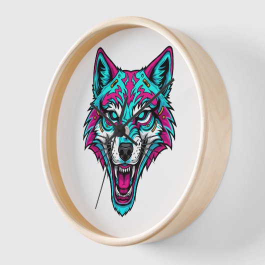 Cyberpunk Neon Wolf - Synthwave Robotic Animal 壁時計 (傾斜)