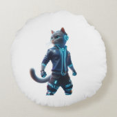 Cyberpunk Ninja Cat Gamer Throw Pillow – Futuristi ラウンドクッション (裏面)