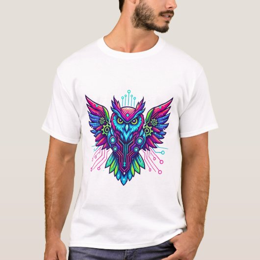 Cyberpunk Owl Guardian - Neon Tech Wisdom Tシャツ (正面)