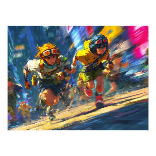 Cyberpunk Runners Sprint Neon Rain City Action Art フォトプリント (正面)