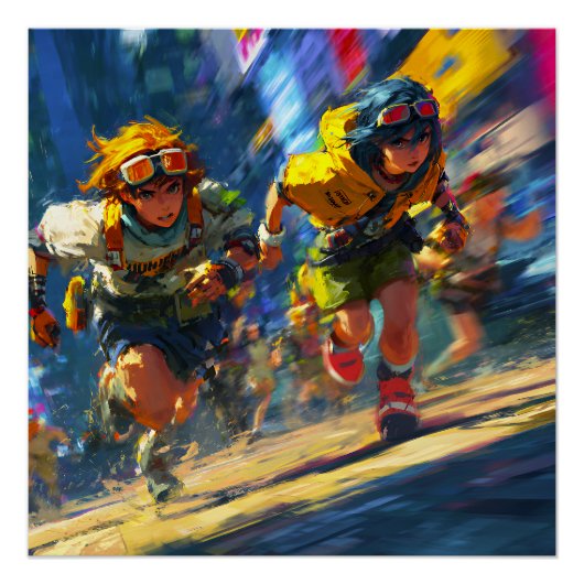 Cyberpunk Runners Sprint Neon Rain City Action Art ポスター (正面)