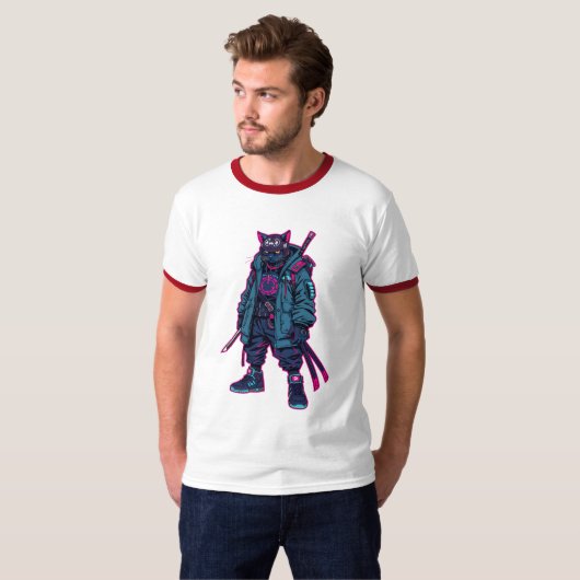 Cyberpunk Samurai Cat Neon Anime Art Tシャツ (正面フル)