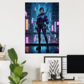 Cyberpunk Samurai Girl | Neon City Warrior Poster ポスター (ホームオフィス)