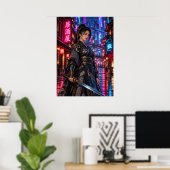 Cyberpunk Samurai Woman Japanese Neon Wall Art ポスター (ホームオフィス)