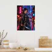Cyberpunk Samurai Woman Japanese Neon Wall Art ポスター (キッチン)