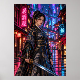 Cyberpunk Samurai Woman Japanese Neon Wall Art ポスター