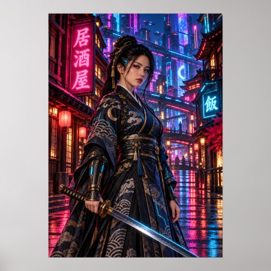 Cyberpunk Samurai Woman Japanese Neon Wall Art ポスター (正面)