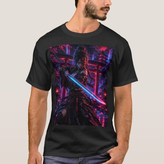 Cyberpunk Samurai Woman – Neon Ronin Tシャツ (正面)