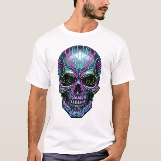 Cyberpunk Skeleton T-Shirt – Futuristic Neon Skull Tシャツ (正面)