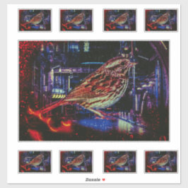 Cyberpunk Sparrow in Neon Cityscape シール