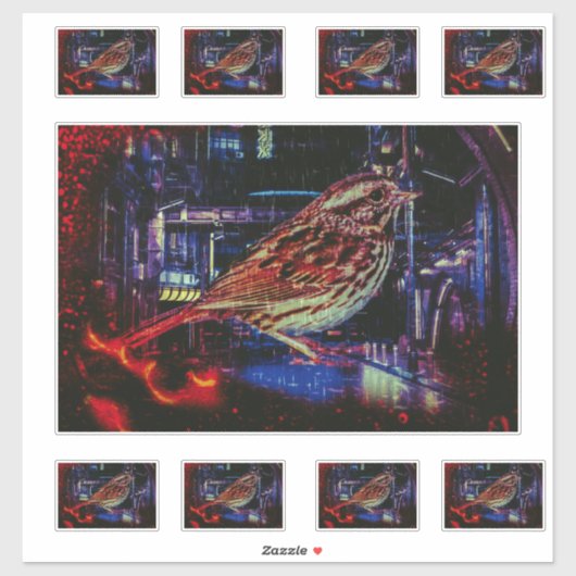 Cyberpunk Sparrow in Neon Cityscape シール (シート)
