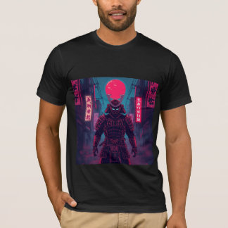 Cyberpunk Warrior Under Red Moon Tシャツ