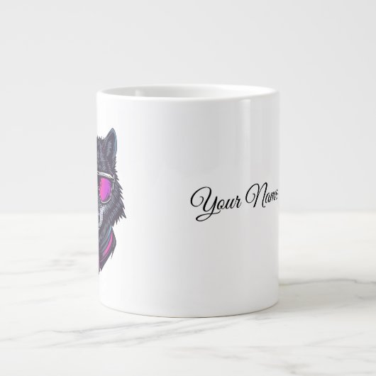 Cyberpunk Wolf Neon Art Personalizable Name Mug -  ジャンボコーヒーマグカップ (正面)